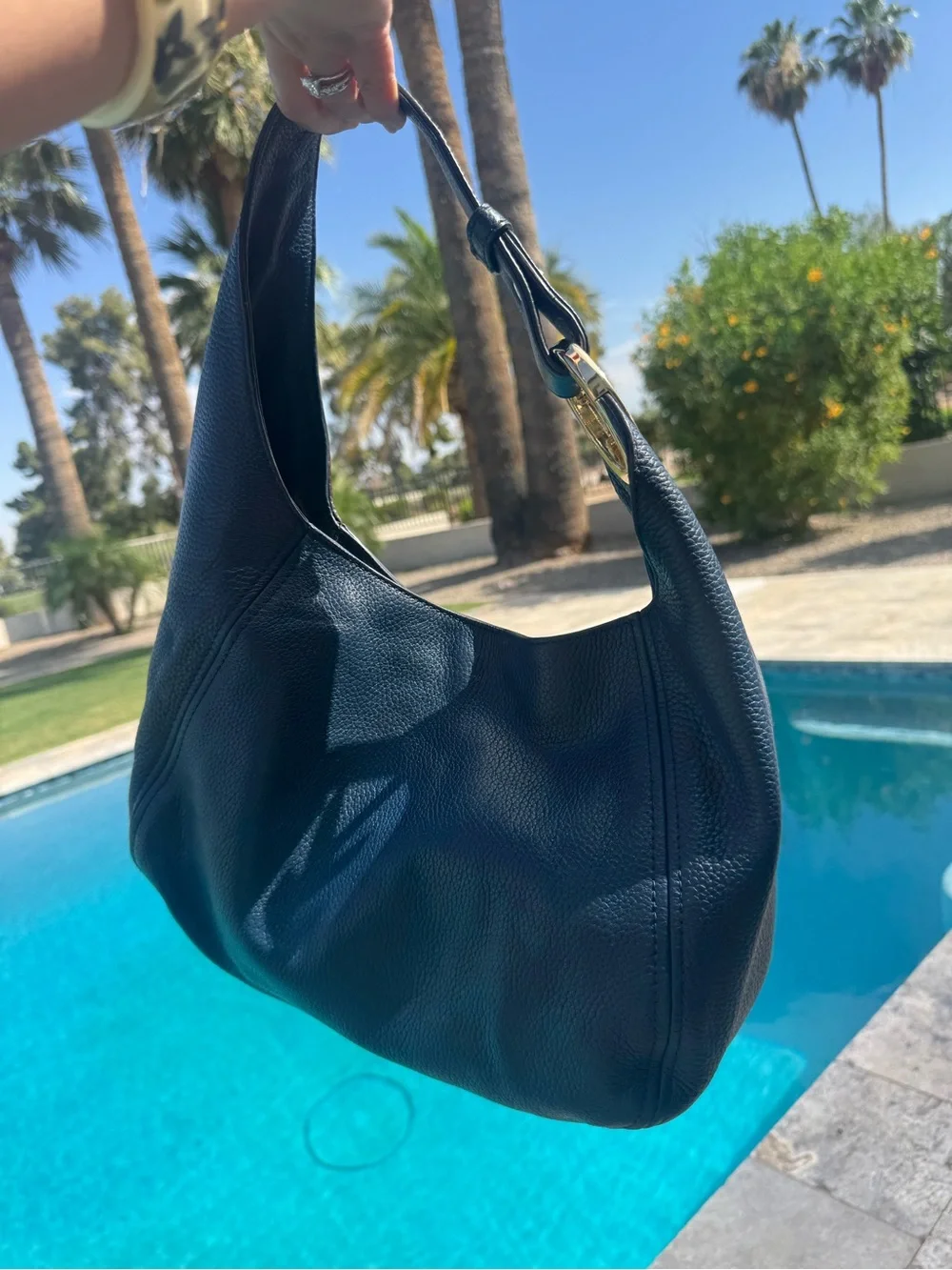 Michael Kors Dark Navy Pebbled Leather Hobo with Gold MK Charm - Picture 5 of 12